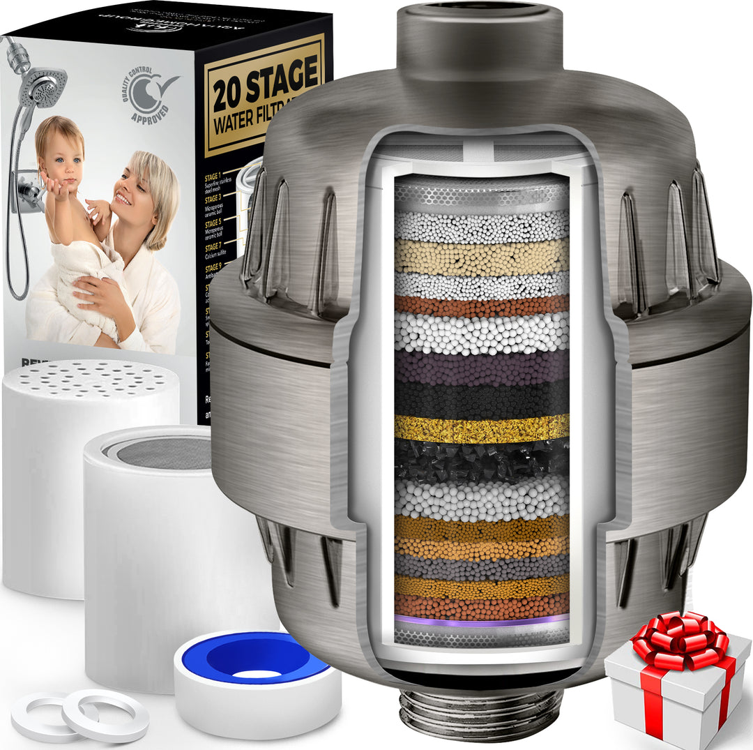 AquaHomeGroup 20 Stage Shower Filter for Hard Water Brushed Nickel