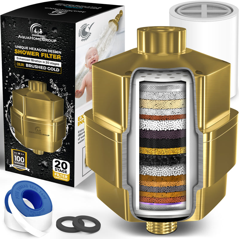 AquaHomeGroup 20 Stage High Output Shower Filter Brushed Gold for Hard Water with Vitamin C E