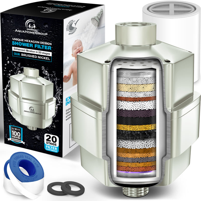 AquaHomeGroup 20 Stage High Output Shower Filter Brushed Nickel for Hard Water with Vitamin C E