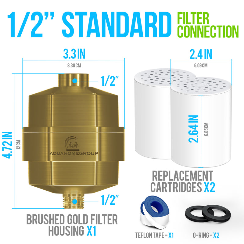 AquaHomeGroup 20 Stage High Output Shower Filter Brushed Gold for Hard Water with Vitamin C E