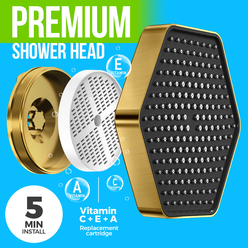 AquaHomeGroup High Pressure Rain Filtered Shower Head Brushed Gold with Filter, Vitamin C E A - SPA Effect