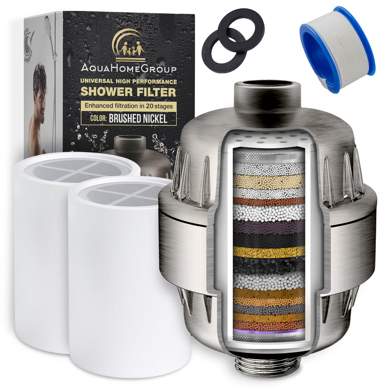 AquaHomeGroup 20 Stage Shower Filter with Vitamin C E for Hard Water - Brushed Nickel