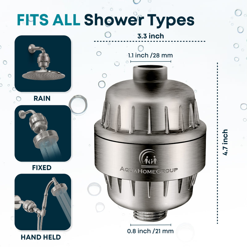 AquaHomeGroup 20 Stage Shower Filter with Vitamin C E for Hard Water - Brushed Nickel