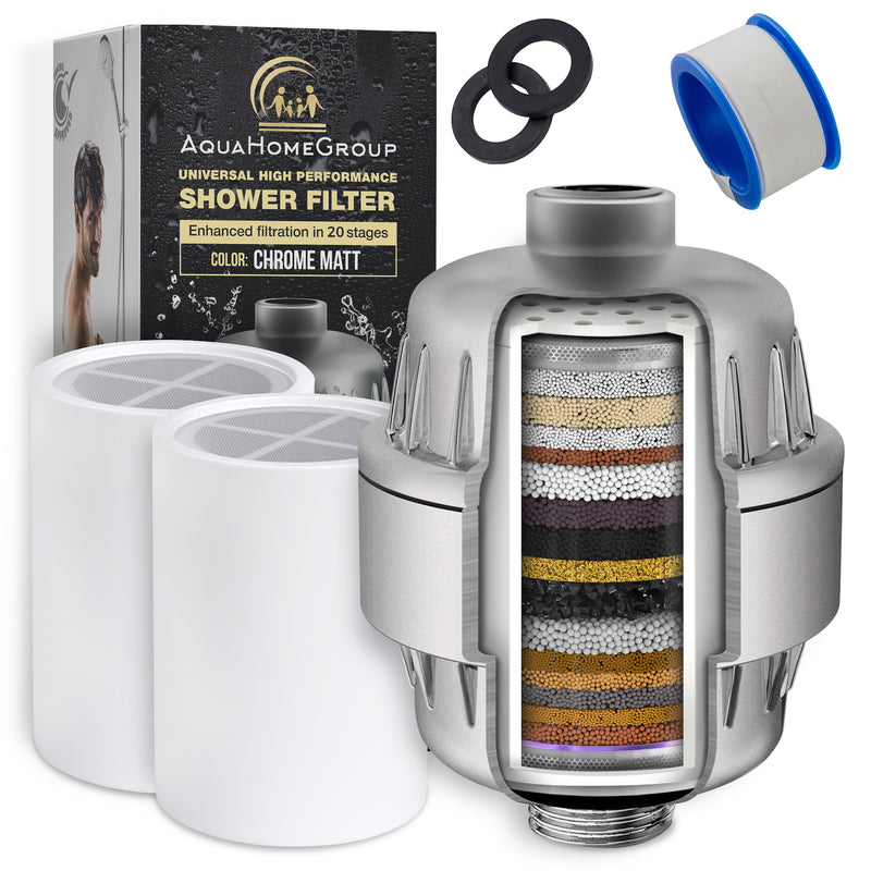 AquaHomeGroup 20 Stage Shower Filter with Vitamin C E for Hard Water - Chrome Matte