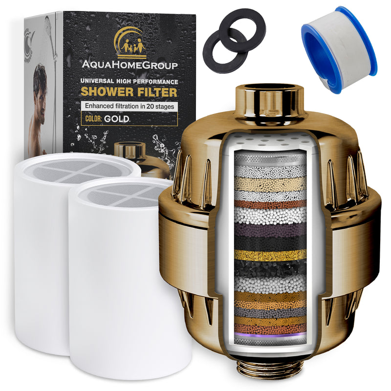 AquaHomeGroup 20 Stage Shower Filter with Vitamin C E for Hard Water - Gold
