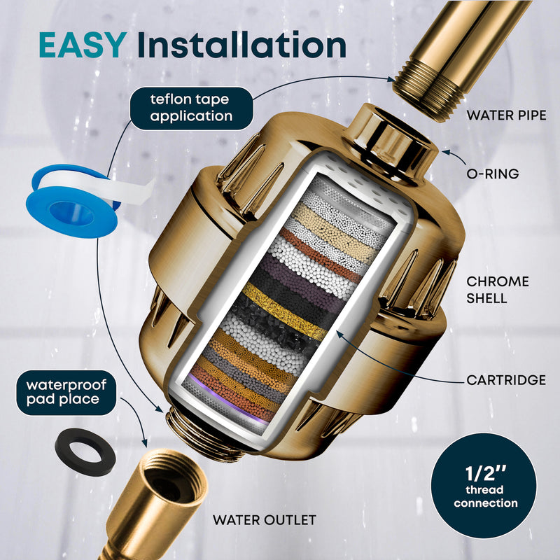 AquaHomeGroup 20 Stage Shower Filter with Vitamin C E for Hard Water - Gold
