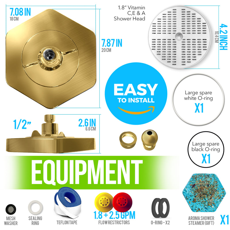 AquaHomeGroup High Pressure Rain Filtered Shower Head Brushed Gold with Filter, Vitamin C E A - SPA Effect