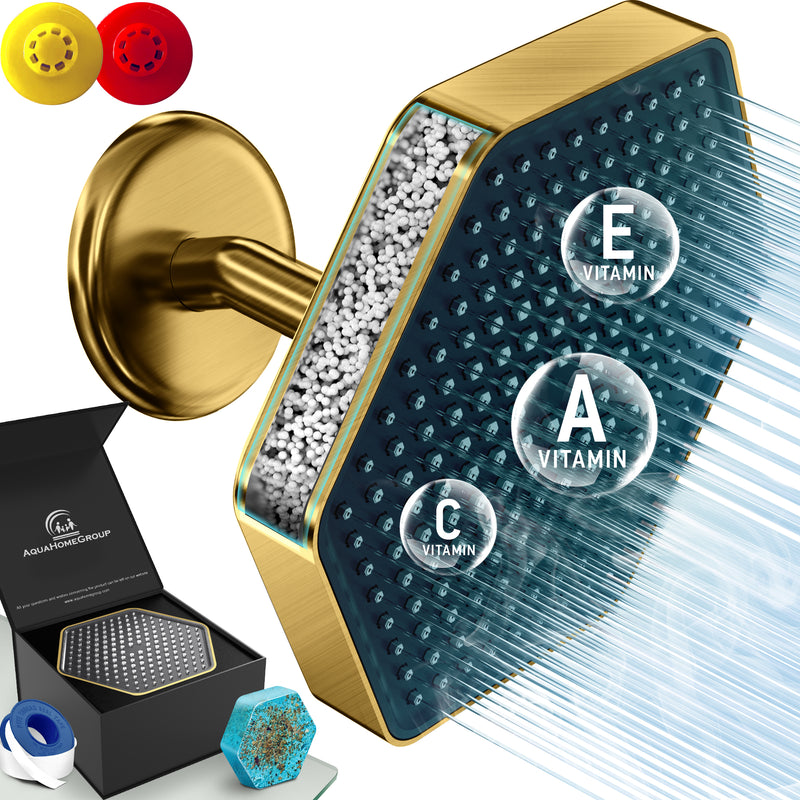 AquaHomeGroup High Pressure Rain Filtered Shower Head Brushed Gold with Filter, Vitamin C E A - SPA Effect
