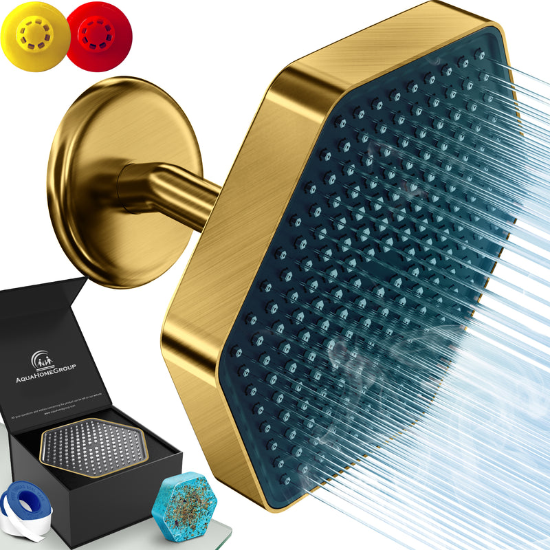 AquaHomeGroup High Pressure Rain Filtered Shower Head Brushed Gold with Filter, Vitamin C E A - SPA Effect