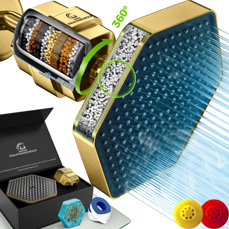 AquaHomeGroup High Pressure Rain Filtered Shower Set Filer+Head Brushed gold, Vitamin C E A - SPA Effect