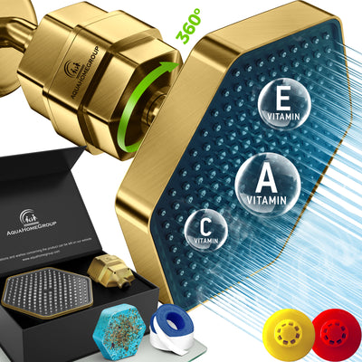 AquaHomeGroup High Pressure Rain Filtered Shower Set Filer+Head Brushed gold, Vitamin C E A - SPA Effect