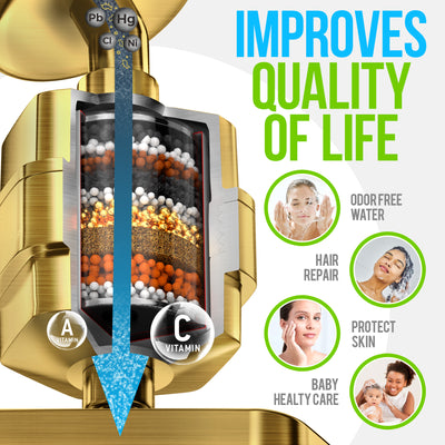 AquaHomeGroup High Pressure Rain Filtered Shower Set Filer+Head Brushed gold, Vitamin C E A - SPA Effect