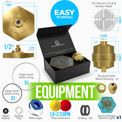AquaHomeGroup High Pressure Rain Filtered Shower Set Filer+Head Brushed gold, Vitamin C E A - SPA Effect