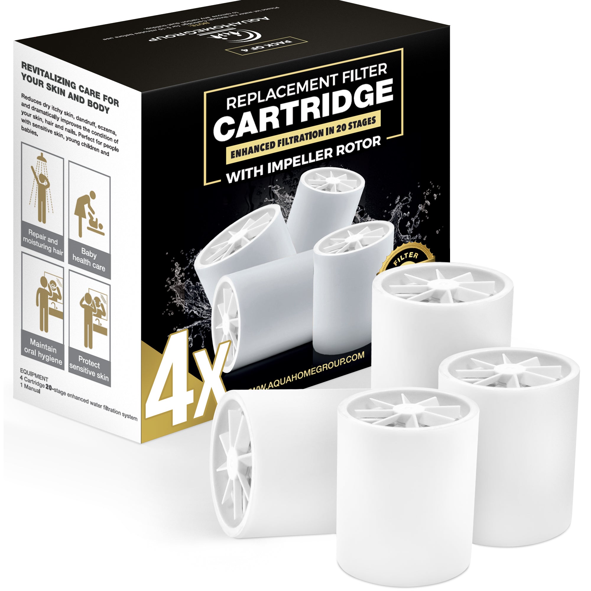 AquaHomeGroup 20-Stage Replacement Premium Filter Cartridge with Spin Propeller 4-Pack (No Housing) - Compatible with Any Shower Filter of Similar Design 15 and 20 Stages