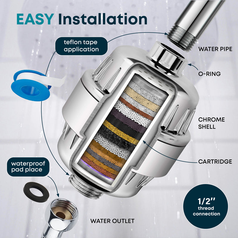 AquaHomeGroup 20 Stage Shower Filter with Vitamin C E for Hard Water - Chrome